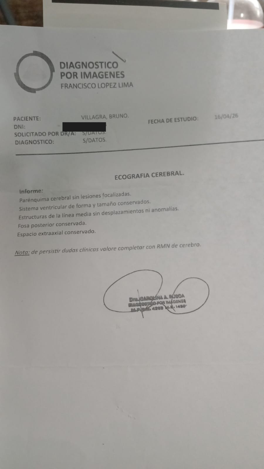 Informe de ecografía cerebral de Bruno