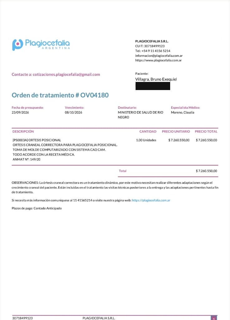 Presupuesto del casco ortopédico de Bruno